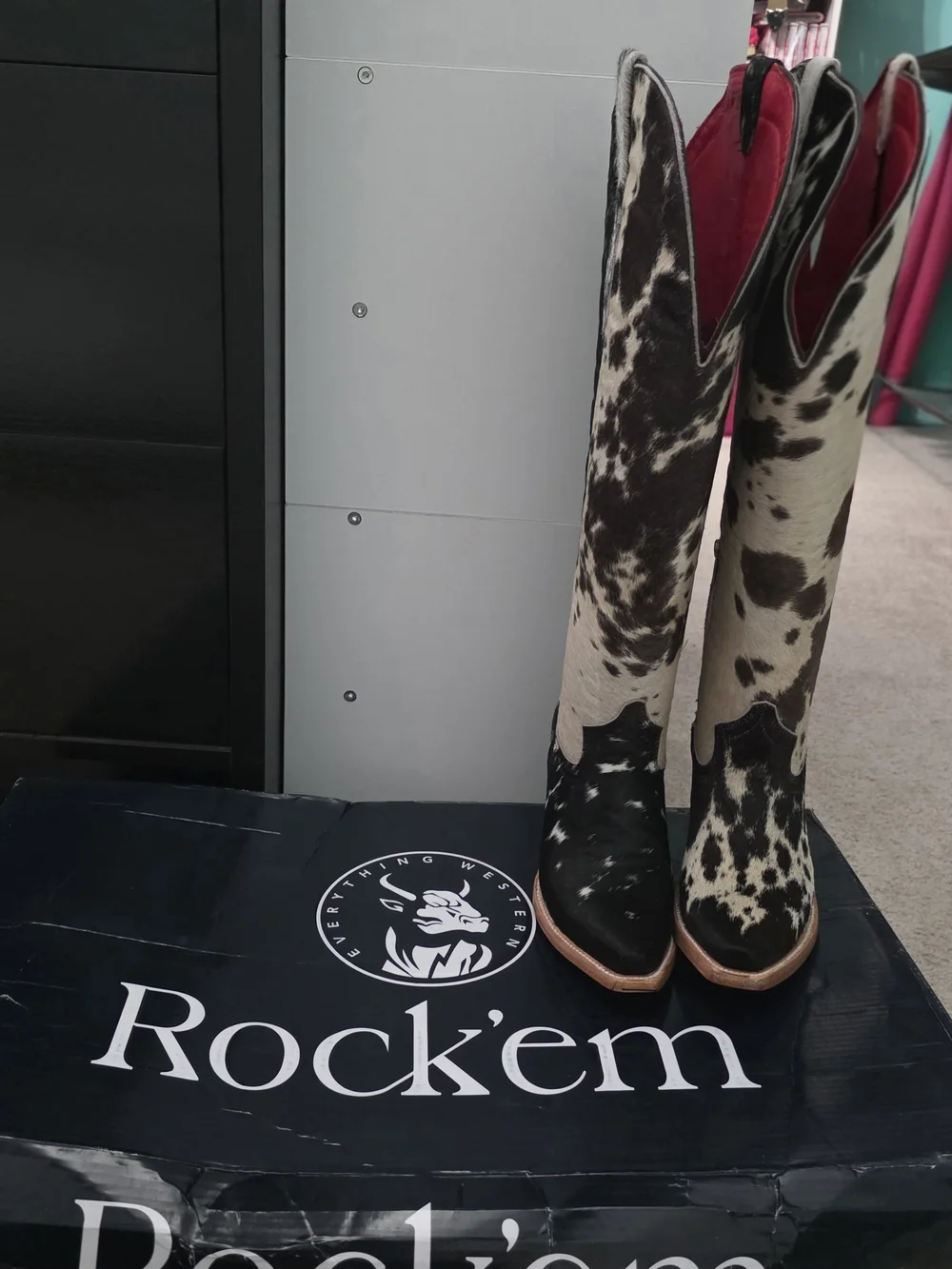 Rock'em Cowhide Tall Boots in Brown & White with Red Interior WIDE CALF
